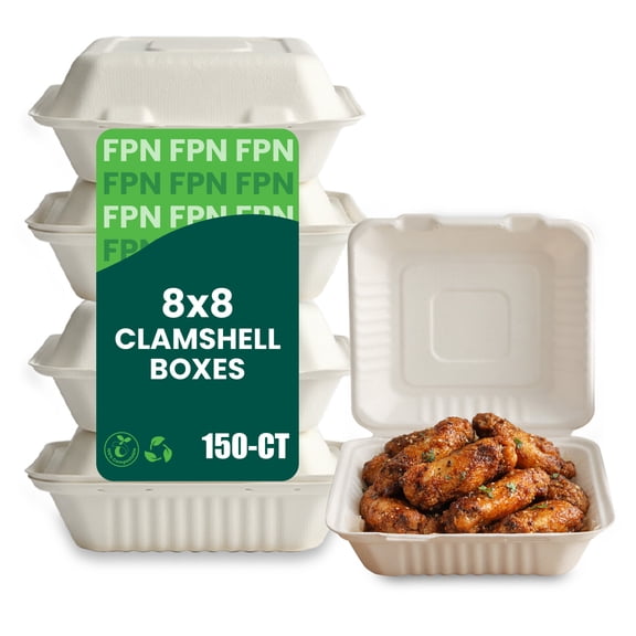FPN Compostable Paper Clamshell Takeout Boxes 8X8, 150CT Eco-Friendly Paper To-Go Container Microwave Safe Lunch Boxes for Restaurants Catering Meals