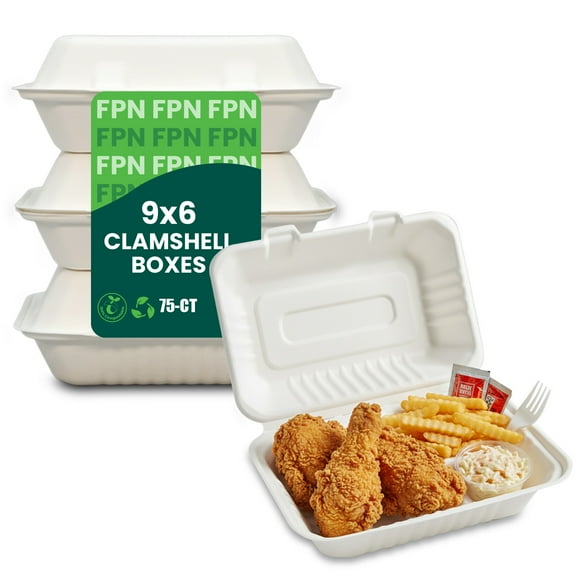 FPN Compostable Paper Clamshell Takeout Boxes 9X6, 75CT Eco-Friendly Paper To-Go Container Microwave Safe Lunch Boxes for Restaurants Catering Meals