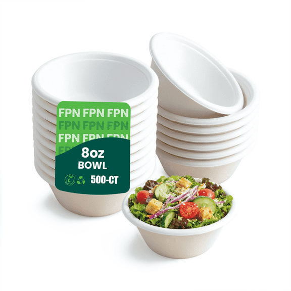 FPN Compostable Paper Bowls 500 Pack 8 oz, Disposable Heavy-Duty – Eco-Friendly, Bagasse Bowl for Soup, Salad, Dessert & More