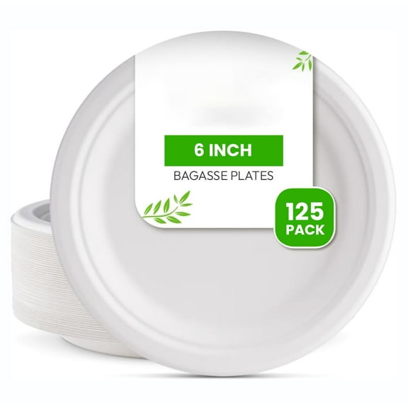 FPN Disposable Sugarcane Bagasse Plates - AFN1100% Compostable - Sturdy, Biodegradable & Compostable, Microwave &Freezer Safe, BPA-Free Natural Tableware for Parties, Weddings, Events (125, 6 IN)