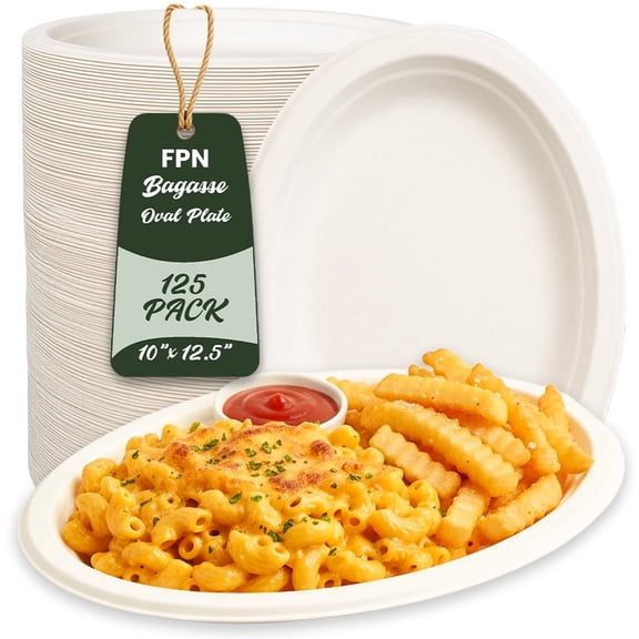 FPN Disposable Plates Oval 125pcs 12in, Large Compostable, Sturdy, Microwave & Freezer Safe – Perfect for Parties, Everyday Use