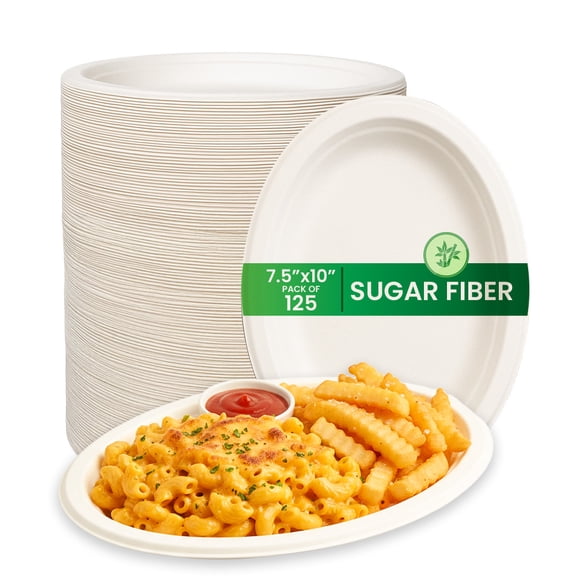 FPN Disposable Oval Plates, Small, 125-Pack, Compostable, Microwave-Freezer Safe for Parties & Events