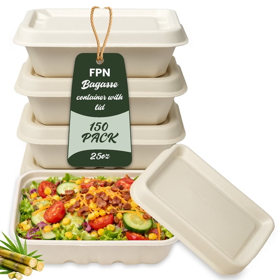 FPN Paper Box with Lid 25 oz Disposable Compostable – Eco-Friendly Biodegradable Takeout & To-Go Container, Microwave-Safe Food Storage, 150 ct Case