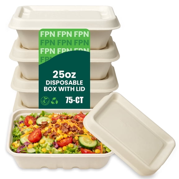 FPN Paper Box with Lid 25 oz Disposable Compostable – Eco-Friendly Biodegradable Takeout & To-Go Container, Microwave-Safe Food Storage, 75 ct Bag
