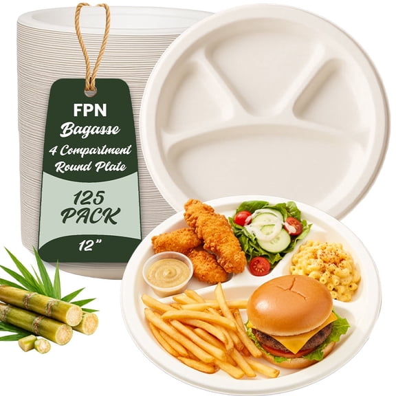 FPN Disposable Plates 4 Compartment 125 Pack 12x12 in Bagasse Compostable