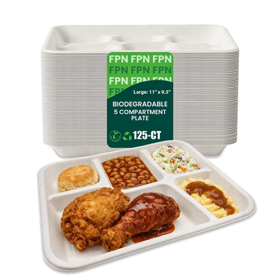 FPN Paper Plates 5-Compartment 125 Pack Disposable Plate– Sugarcane Fiber, Compostable, Paper Plates for Meals, Catering, School Lunch, Microwave & Freezer Safe
