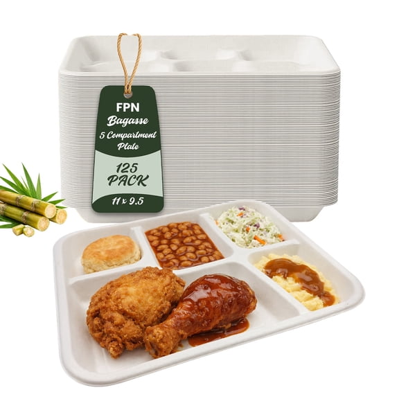 FPN Paper Plates 5-Compartment 125 Pack Disposable Plate– Sugarcane Fiber, Compostable, Paper Plates for Meals, Catering, School Lunch, Microwave & Freezer Safe