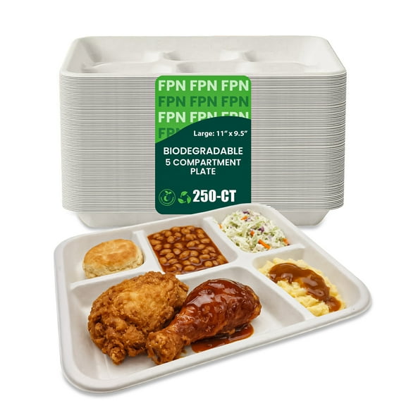 FPN 5-Compartment Disposable Plates 250ct – Sugarcane Fiber, Compostable, Microwave Safe for Meals, Catering, School Lunches
