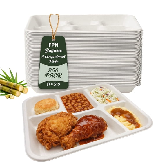 FPN Disposable Plates 5 Compartment  250ct 11x9.5 in  Sugarcane Fiber, Compostable, Microwave Safe for Meals, Catering, School Lunches