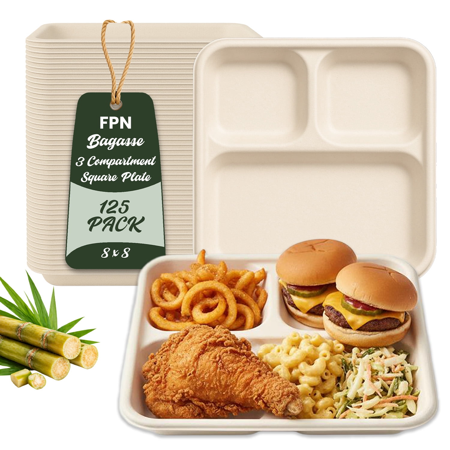 FPN Plates Square 3-Compartment 125 Pack Disposable Trays – Sugarcane Fiber, Biodegradable & Compostable, Paper Plates for Meals, Catering, School Lunch, Microwave & Freezer Safe