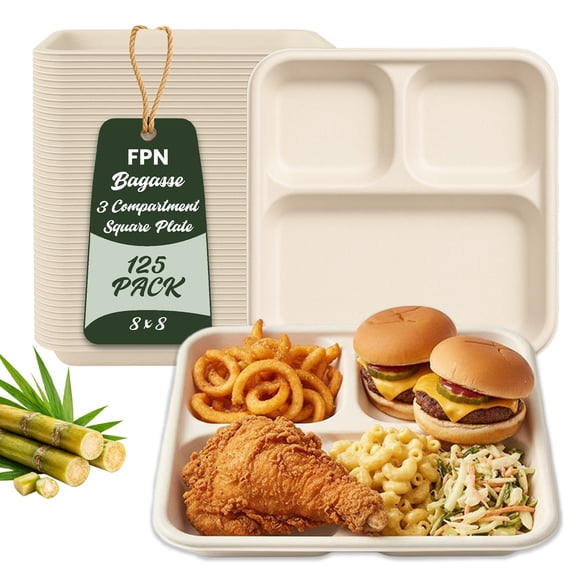 FPN Plates Square 3-Compartment 125 Pack Disposable Trays – Sugarcane Fiber, Biodegradable & Compostable, Paper Plates for Meals, Catering, School Lunch, Microwave & Freezer Safe