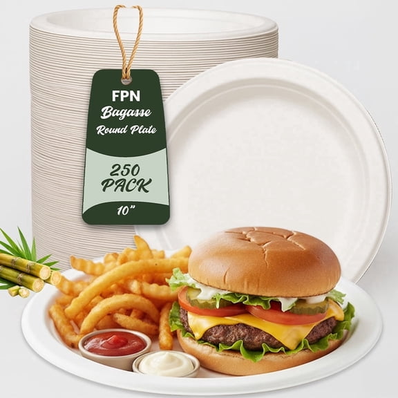 FPN Disposable Round Plates 250pcs 10in, Compostable Sturdy, Microwave & Freezer Safe, Tableware for Parties, Events