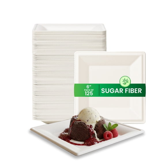 FPN Square Plates Disposable 125 Pack, 6 in Compostable Dinnerware, Party Plates for Hot & Cold Food