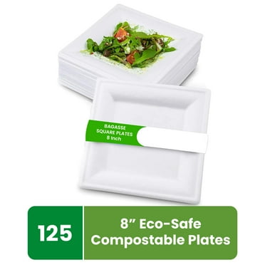 FPN Square Plates Disposable (125, 8 In) Sugarcane, Compostable Eco-Friendly Dinnerware, Biodegradable Party Plates for Hot & Cold Food