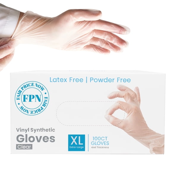 FPN Vinyl Synthetic Gloves, Clear, Powder-Free & Latex-Free Extra Large 100 Count Box, Disposable, 4 Mil, Gloves for Cleaning, Cooking, Salon, Pet Care