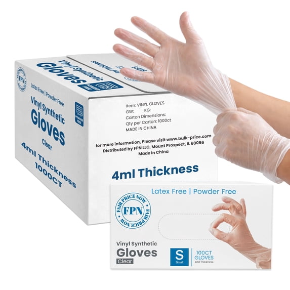 FPN Vinyl Synthetic Gloves Clear Powder-Free & Latex-Free – Small 1000 Count Box Disposable 4 Mil Gloves for Cleaning Cooking, Salon, Pet Care