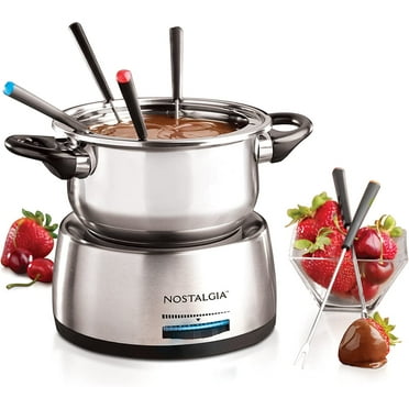 FPS200 6-Cup Stainless Steel Electric Fondue Pot with Temperature Control, 6 Color-Coded Forks and Removable Pot - Perfect for Chocolate, Caramel, Cheese, Sauces and More