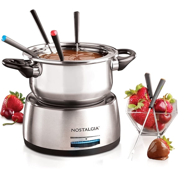 FPS200 6-Cup Stainless Steel Electric Fondue Pot with Temperature Control, 6 Color-Coded Forks and Removable Pot - Perfect for Chocolate, Caramel, Cheese, Sauces and More