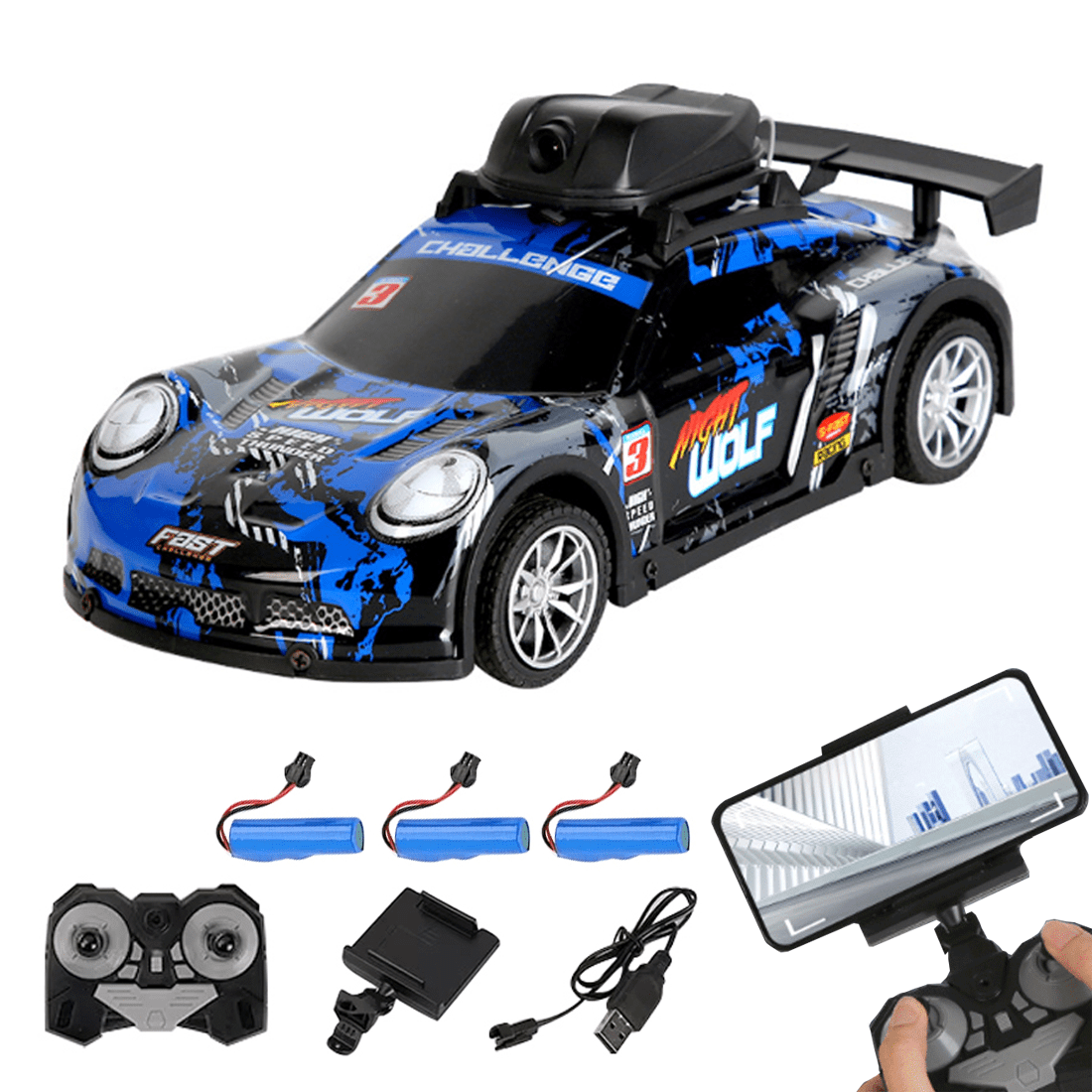 FPV RC Drift Car with Live Camera, 2.4GHz 4-Channel APP Controlled Remote Control Vehicle, USB Rechargeable Car with LED Lights for Adults, All-Terrain Hobby Grade RC Car -3 Batteries
