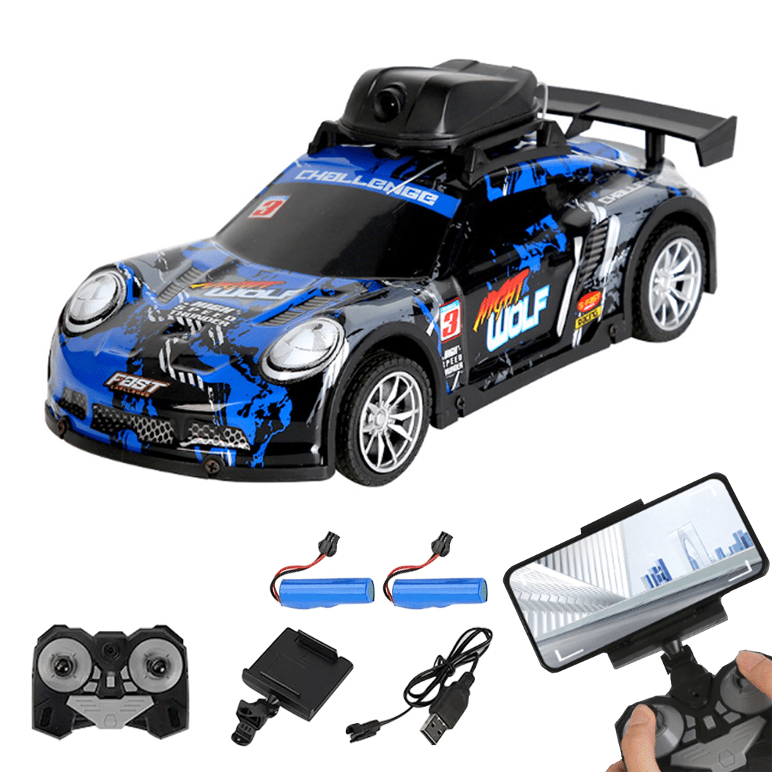 FPV RC Drift Car with Live Camera, 2.4GHz 4-Channel APP Controlled Remote Control Vehicle, USB Rechargeable Car with LED Lights for Adults, All-Terrain Hobby Grade RC Car -2 Batteries