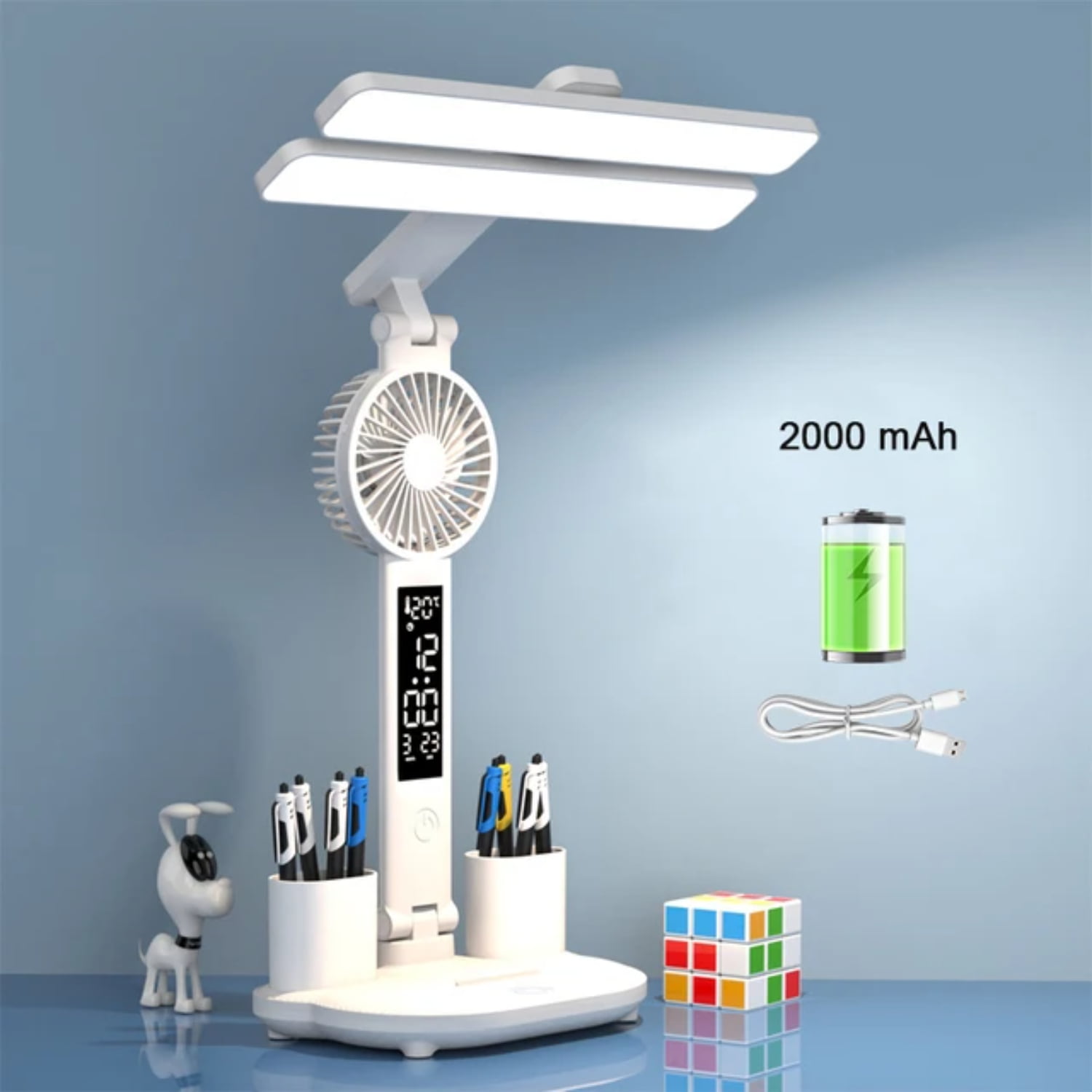 FPWNGL Adjustable Modern Design Rechargeable LED Table Lamp with Fan for Home or Office Use ...