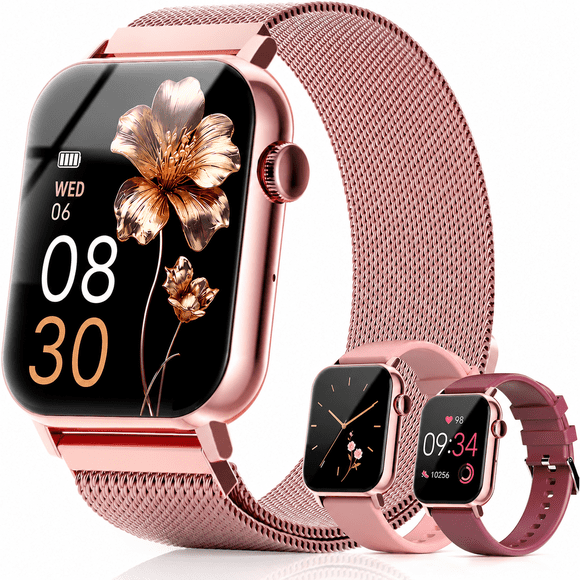 1.83'' HD Fitness Smart Watch 3 Bands for Men Women,IP68 Waterproof Fitness Wrist Watch Compatible with iPhone Android(Pink)