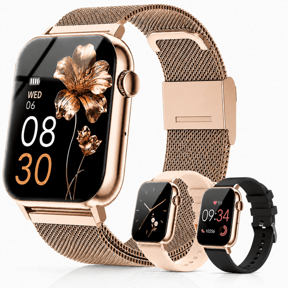 FPZMIU 1.83'' HD Fitness Smart Watch 3 Bands for Men Women,IP68 Waterproof Fitness Wrist Watch Compatible with Iphone Android(Gold)