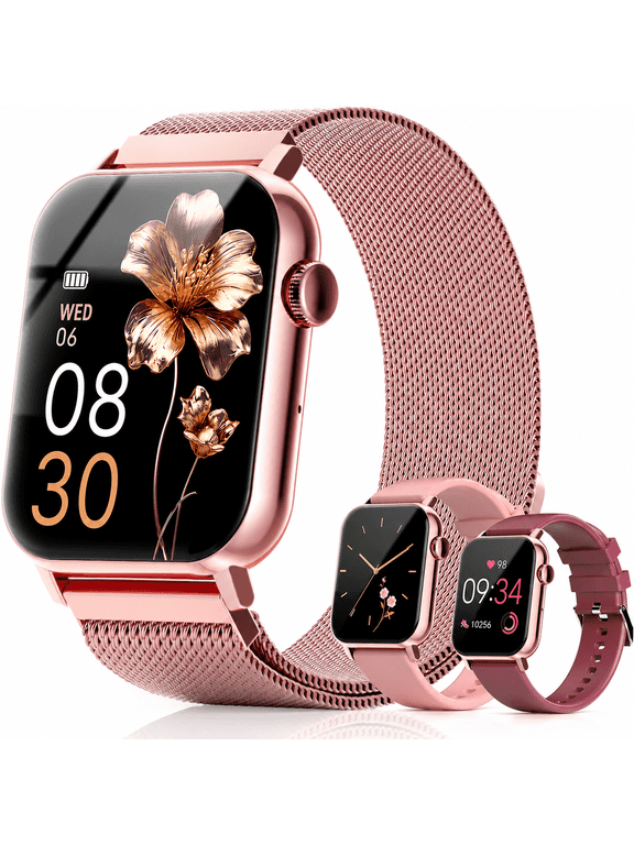 1.83'' HD Fitness Smart Watch 3 Bands for Men Women,IP68 Waterproof Fitness Wrist Watch Compatible with iPhone Android(Pink)