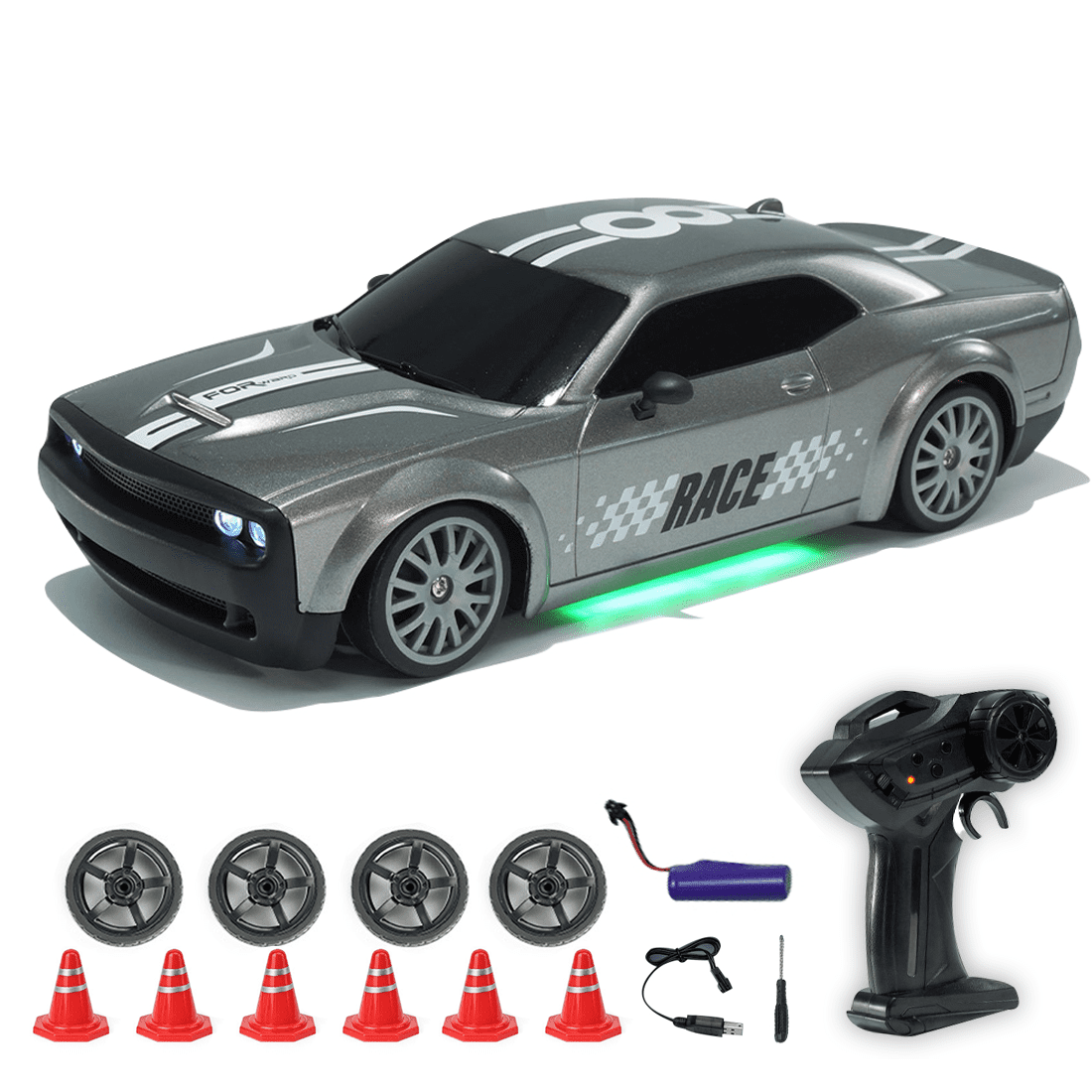 FQD15 1:20 Scale High-Speed Remote Control Drift Car, 2.4G 4WD Alloy RC Racing Car with Cool LED Lights for Teens and Adults