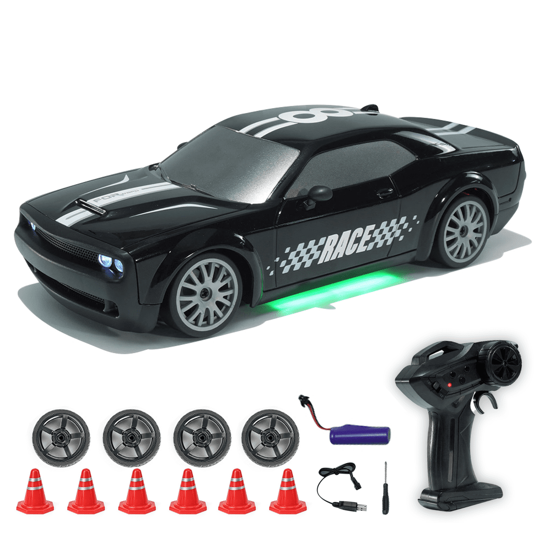 FQD15 1:20 Scale High-Speed Remote Control Drift Car, 2.4G 4WD Alloy RC Racing Car with Cool LED Lights for Teens and Adults