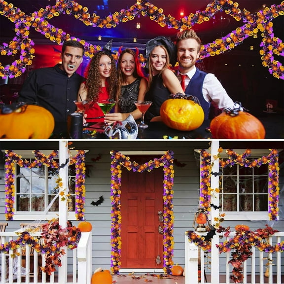 FQNRM Upgraded Halloween Tinsels Garland With Orange Pumpkin Purple Bats Ornaments Metallic Hanging Garland For Halloween Party Decoration Supply V