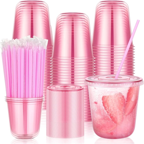 FQY100 Set 12oz Pink Plastic Cups with Lids & Straws, Disposable Iced Coffee Cup with Lid, Round Bottom Plastic To Go Cups for Cold Drinks Slushie Smoothie Valentine Galentine Party Supplies