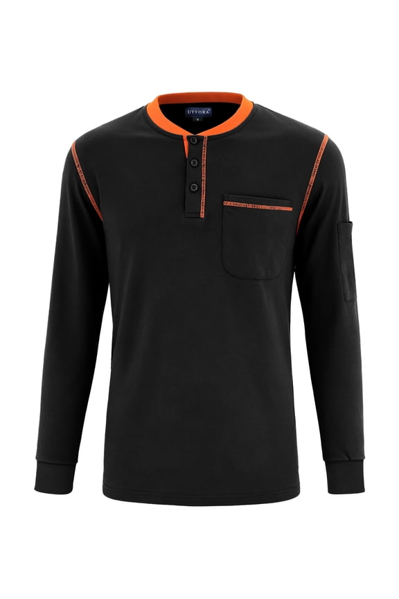 FR Henley Shirts for Men NFPA 2112 Certified Flame Resistant Welding Shirt 5.5oz Cotton Safety Work Tops Black XL