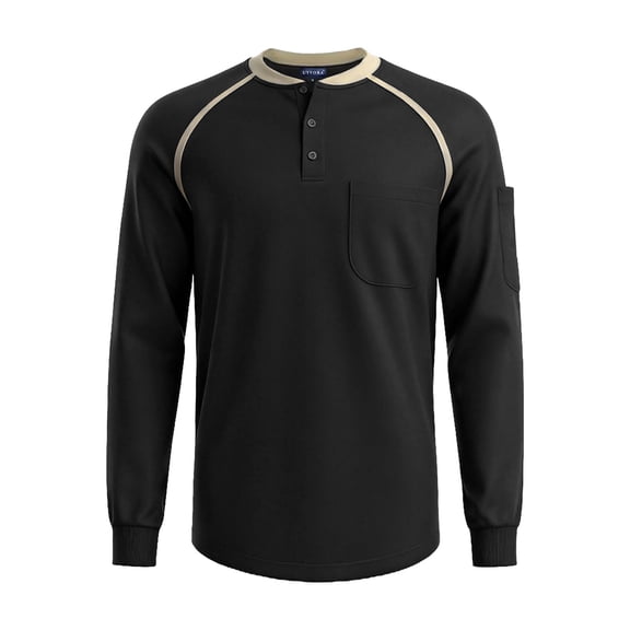 FR Shirts for Men 5.5oz Lightweight 100% Cotton Flame Resistant Henley NFPA 2112 CAT2 Work Shirt Dual Pockets Black XL