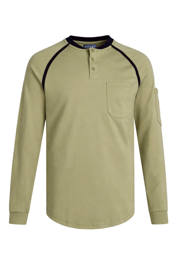 FR Shirts for Men 5.5oz Lightweight 100% Cotton Flame Resistant Henley NFPA 2112 CAT2 Work Shirt Dual Pockets Khaki 2XL