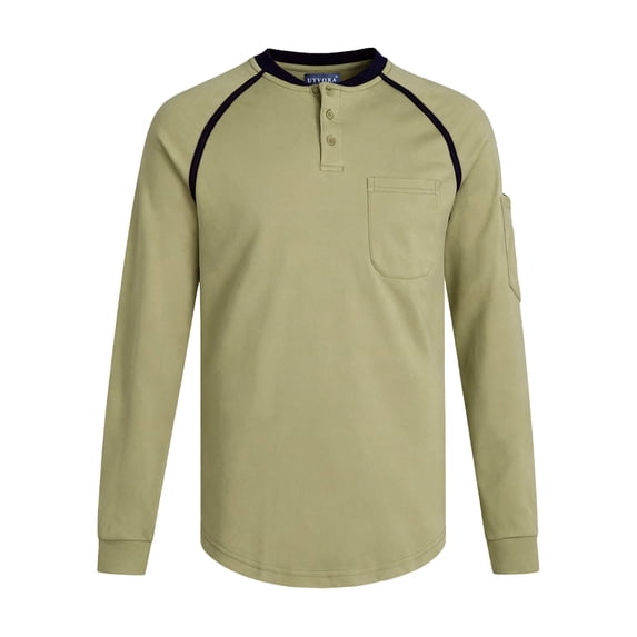 FR Shirts for Men 5.5oz Lightweight 100% Cotton Flame Resistant Henley NFPA 2112 CAT2 Work Shirt Dual Pockets Khaki L