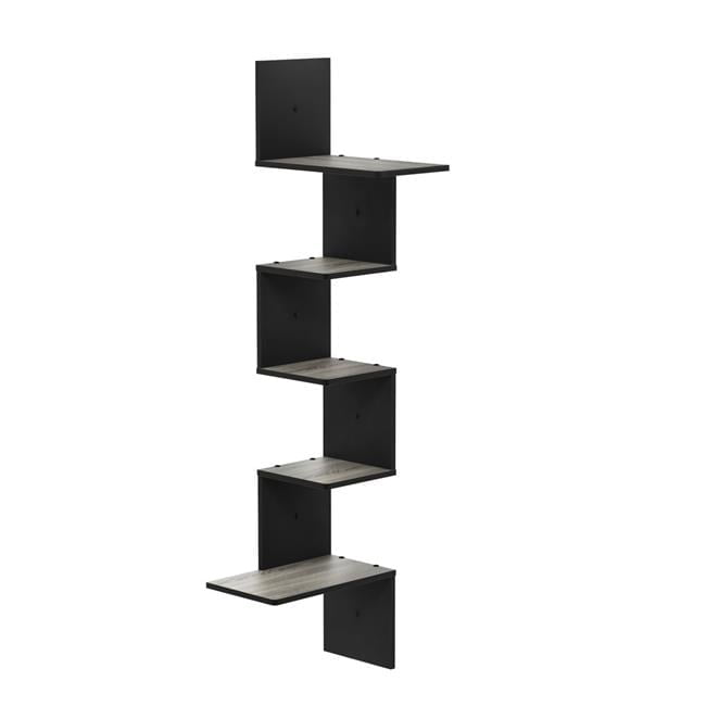 French Oak Grey and Black 5-Tier Floating Corner Wall Shelf