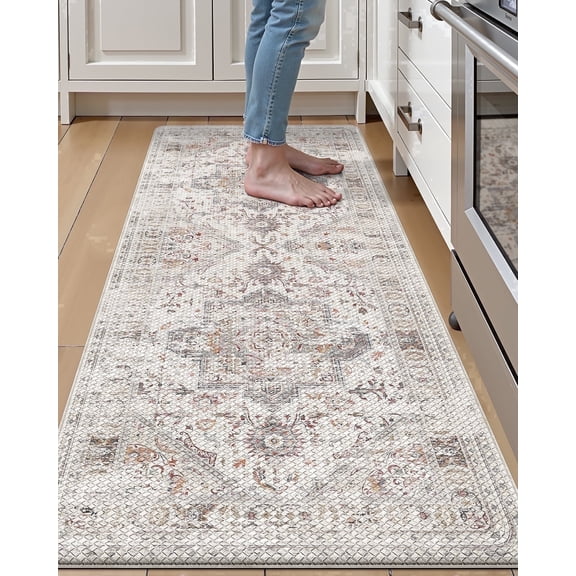 FRABE Non-Slip Anti-Fatigue Kitchen Mat, Cushioned Memory Foam Comfort Standing Runner Rug, Vintage Oriental Medallion Pattern for Home Office and Kitchen, White 24"x59"