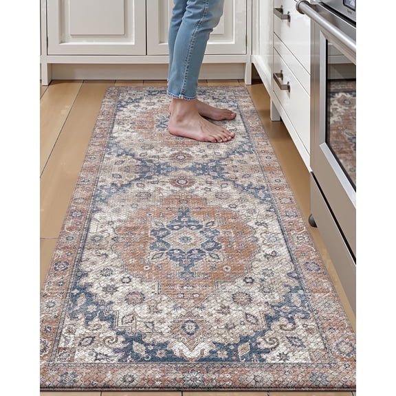 FRABE Non-Slip Anti-Fatigue Kitchen Mat, Cushioned Memory Foam Comfort Standing Runner Rug, Vintage Oriental Medallion Pattern for Home Office and Kitchen, Terracotta 24"x59"