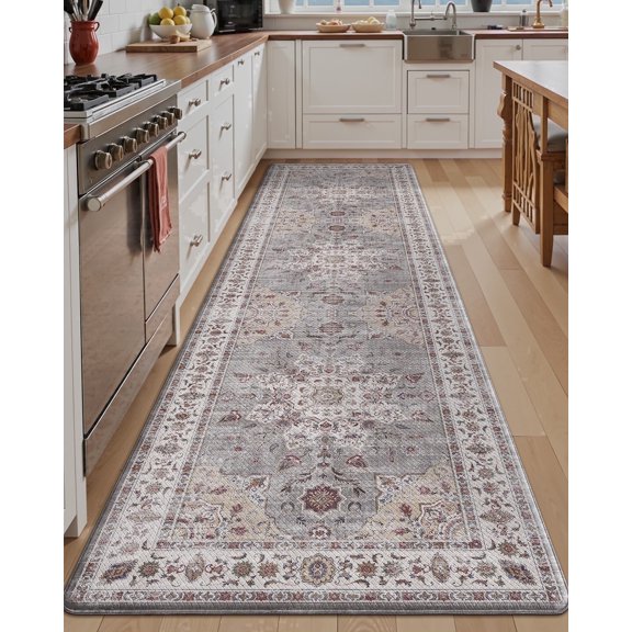 FRABE Non-Slip Anti-Fatigue Kitchen Mat, Cushioned Memory Foam Comfort Standing Runner Rug, Vintage Oriental Medallion Pattern for Home Office and Kitchen, Grey 24"x86"