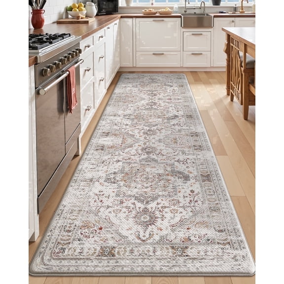 FRABE Non-Slip Anti-Fatigue Kitchen Mat, Cushioned Memory Foam Comfort Standing Runner Rug, Vintage Oriental Medallion Pattern for Home Office and Kitchen,White 24"x86"