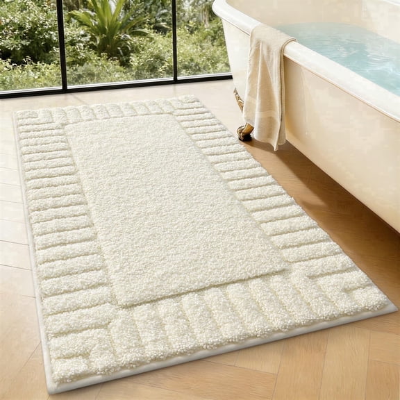 FRABE Non-Slip Bathroom Rug, Ultra Soft Plush Microfiber Shower Mat with Rubber Backing, Absorbent Quick-Dry Recessed Frame Design for Tub and Bathroom, Ivory White 24"x36"