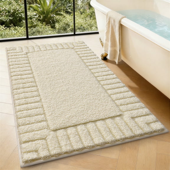 FRABE Non-Slip Bathroom Rug, Ultra Soft Plush Microfiber Shower Mat with Rubber Backing, Absorbent Quick-Dry Recessed Frame Design for Tub and Bathroom, Ivory White 24"x36"