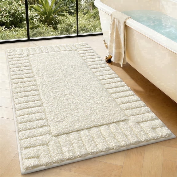 FRABE Non-Slip Bathroom Rug, Ultra Soft Plush Microfiber Shower Mat with Rubber Backing, Absorbent Quick-Dry Recessed Frame Design for Tub and Bathroom, Ivory White 24"x36"