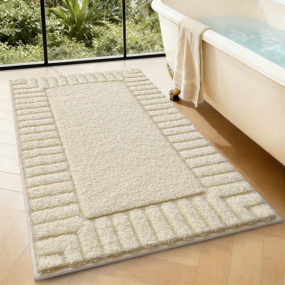 FRABE Non-Slip Bathroom Rug, Ultra Soft Plush Microfiber Shower Mat with Rubber Backing, Absorbent Quick-Dry Recessed Frame Design for Tub and Bathroom, Ivory White 24"x36"