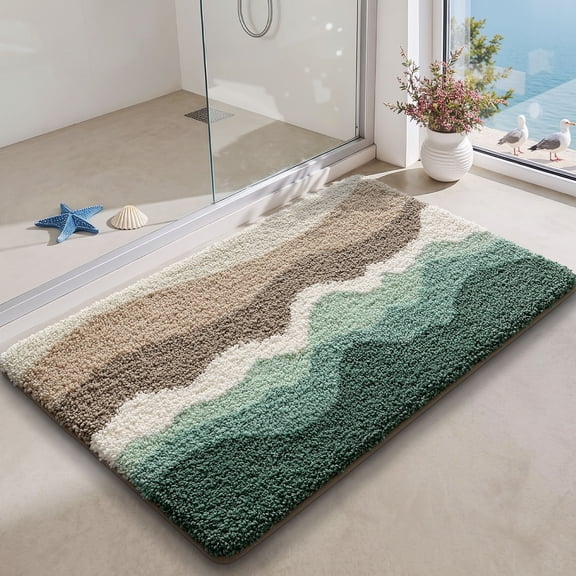 FRABE Beach Bathroom Rugs, Non Slip Bath Mat Ultra Soft Washable Absorbent Quick Dry, Ocean Sea Theme Bath Rug with Starfish Shell for Shower Floor, Kitchen Decor, Kids Room, 20x32