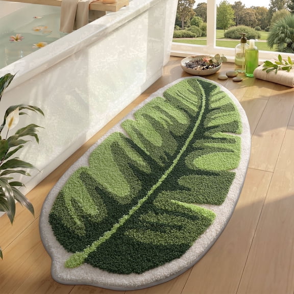 FRABE Cute Bathroom Rugs with Green Leaf Plant, Soft Fluffy, Plush, Non Slip Absorbent Quick Dry, for Shower Floor, Bedroom, Kids Room, Machine Washable, 20x40, Palm Leaf
