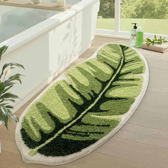 FRABE Cute Bathroom Rugs with Green Leaf Plant, Soft, Fluffy, Plush, Absorbent, Quick Dry, Non Slip, Machine Washable for Shower Floor, Bathroom, Bedroom,Kids Room, 20"x40", Palm Leaf