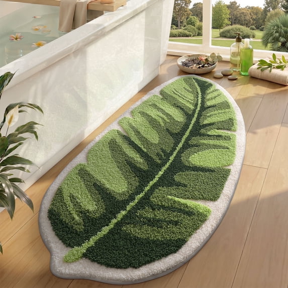 FRABE Cute Bathroom Rugs with Green Leaf Plant, Soft Fluffy, Plush, Non Slip Absorbent Quick Dry, for Shower Floor, Bedroom, Kids Room, Machine Washable, 20x40, Palm Leaf