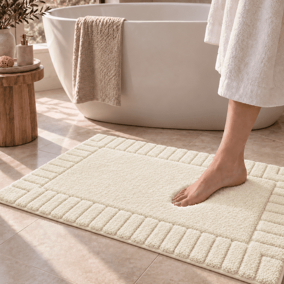 Frabe Bathroom Rug, Extra Soft Plush Microfiber Shower Mat with Recessed Frame, Non-Slip Quick-Dry Machine Washable for Bathtub and Sink, Ivory White 24"x43"